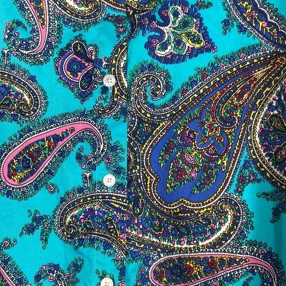 Talbots Petite Teal Multicolor Paisley Print Long Sleeve Button Down Shirt - Picture 8 of 16
